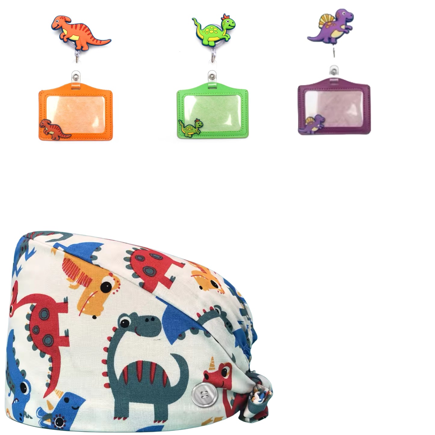 Surgical scrub cap with matching badge reel