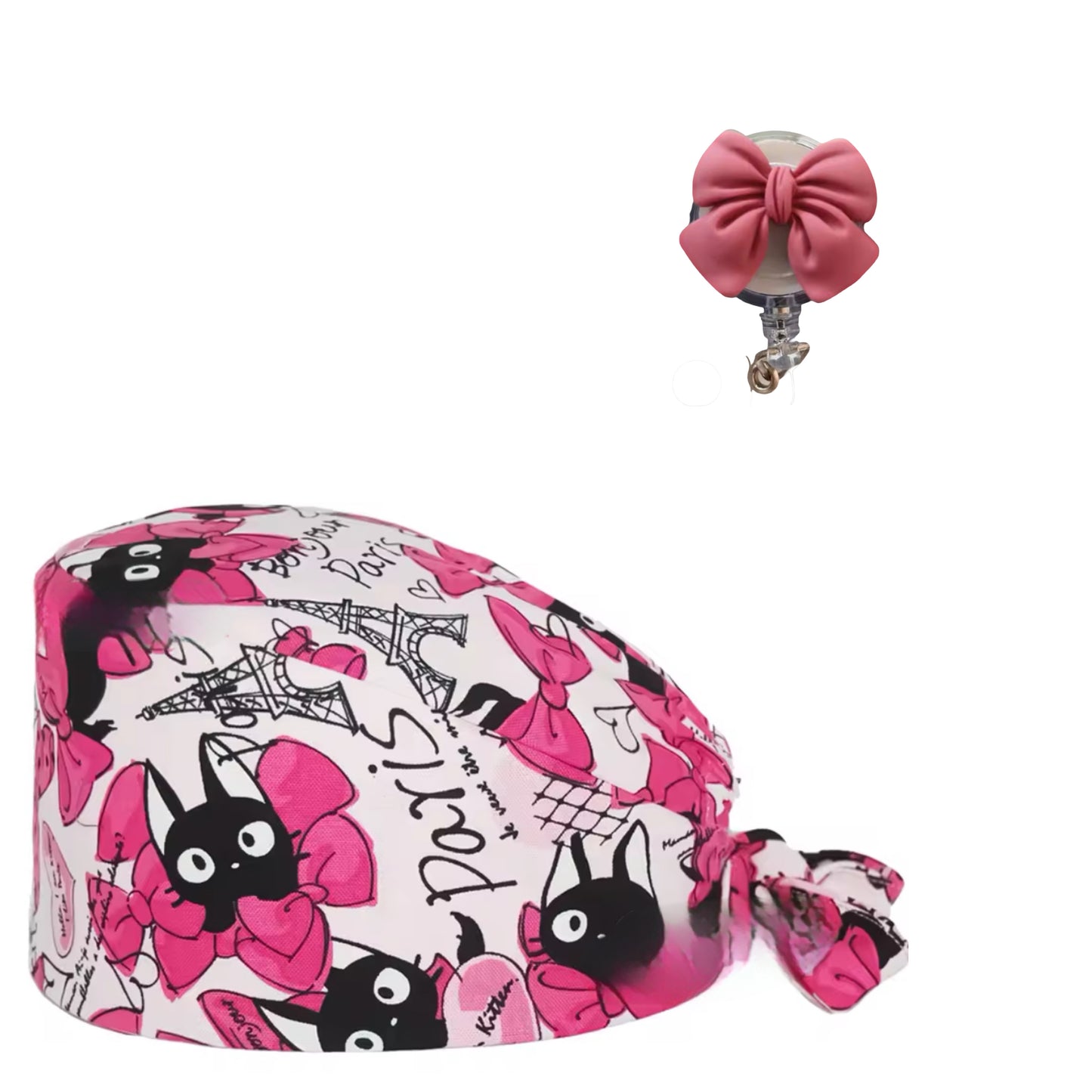 Surgical scrub cap with matching badge reel