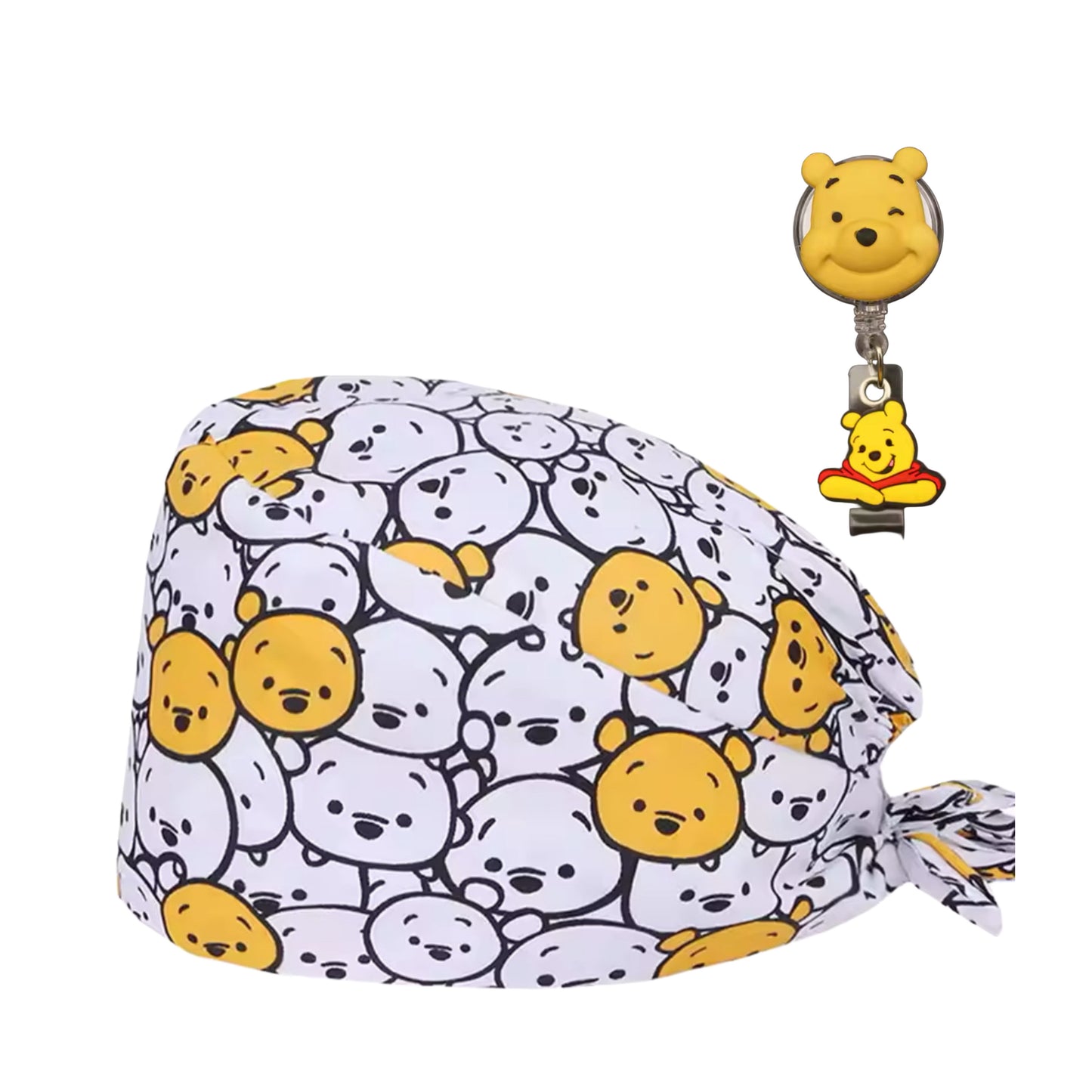 Surgical scrub cap with matching badge reel