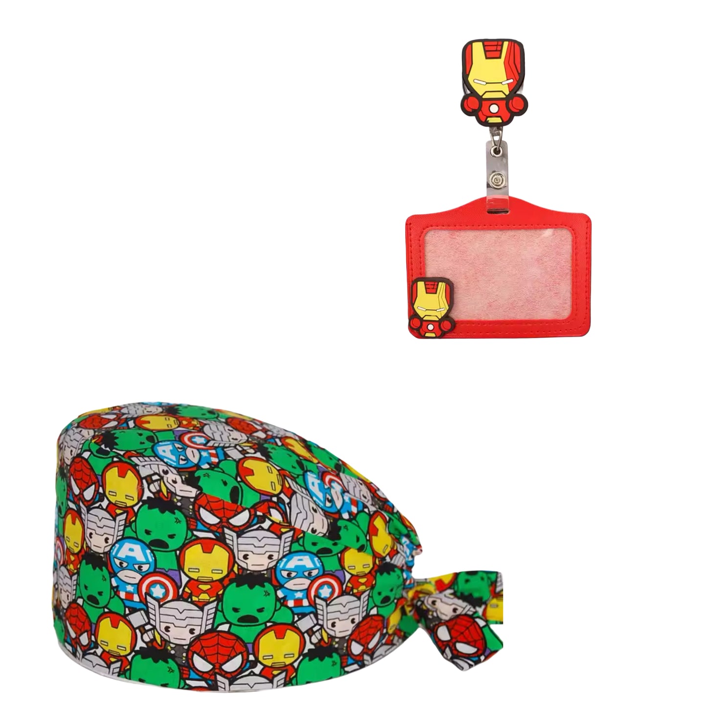 Surgical scrub cap with matching badge reel