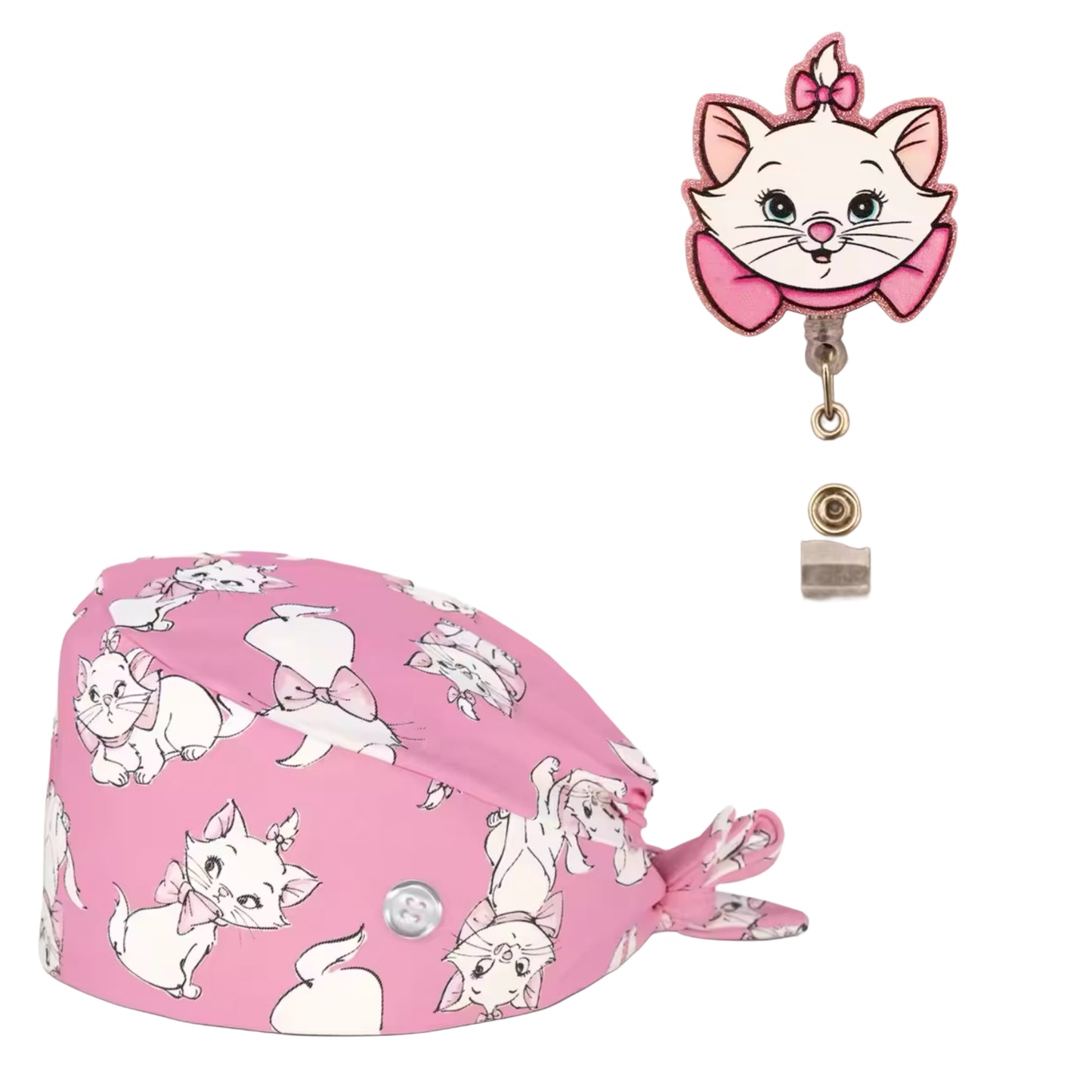 Surgical scrub cap with matching badge reel