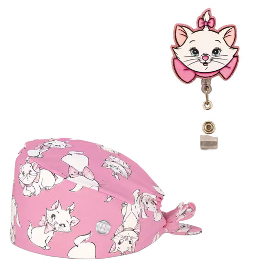 Surgical scrub cap with matching badge reel